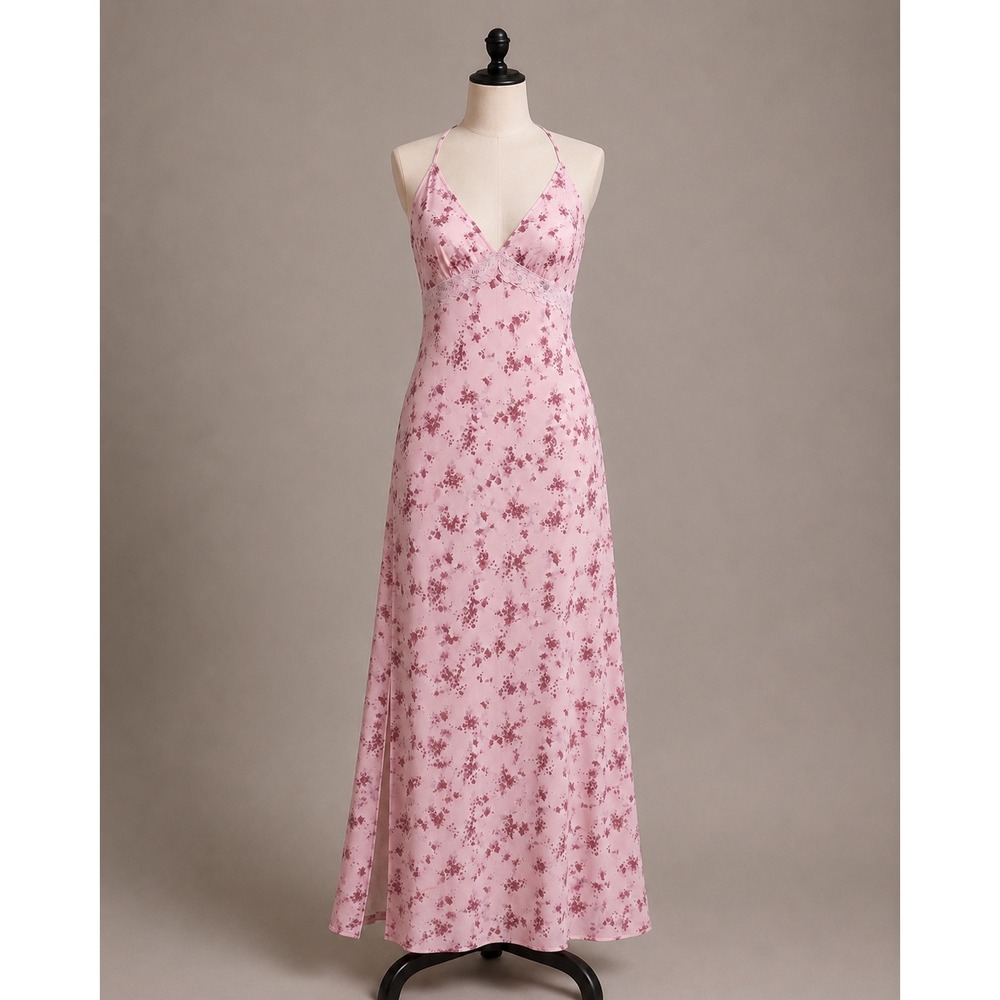 Wild Fable Small Dress Pink‎ Floral Lace Halter Maxi Side Slit NEW Cottagecore